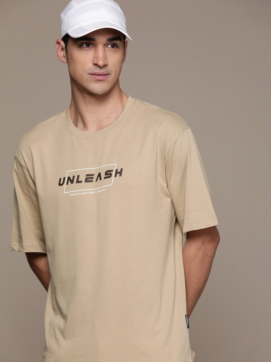 Image of Roadster Typography Men Round Neck Beige T-Shirt