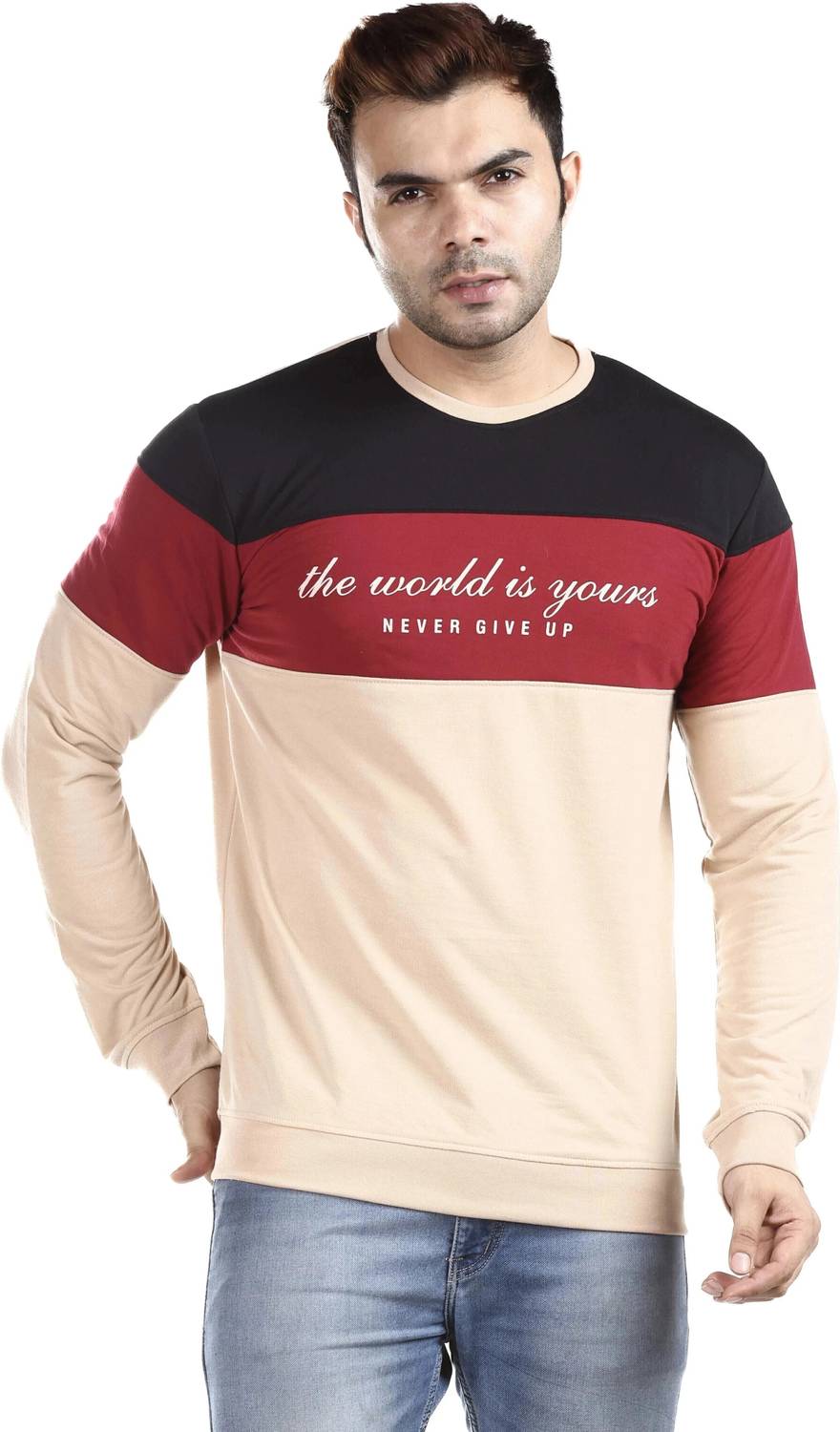 E-MAX Men Printed Round Neck Polyester Beige T-Shirt