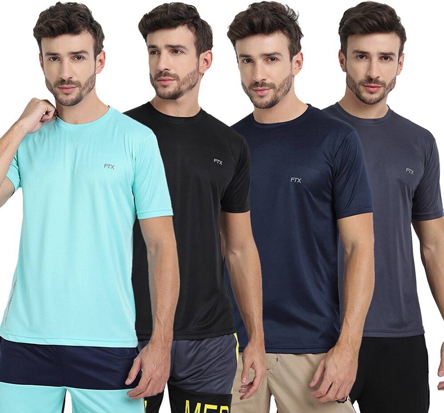 FTX Pack of 4 Men Solid Round Neck Polyester Multicolor T-Shirt