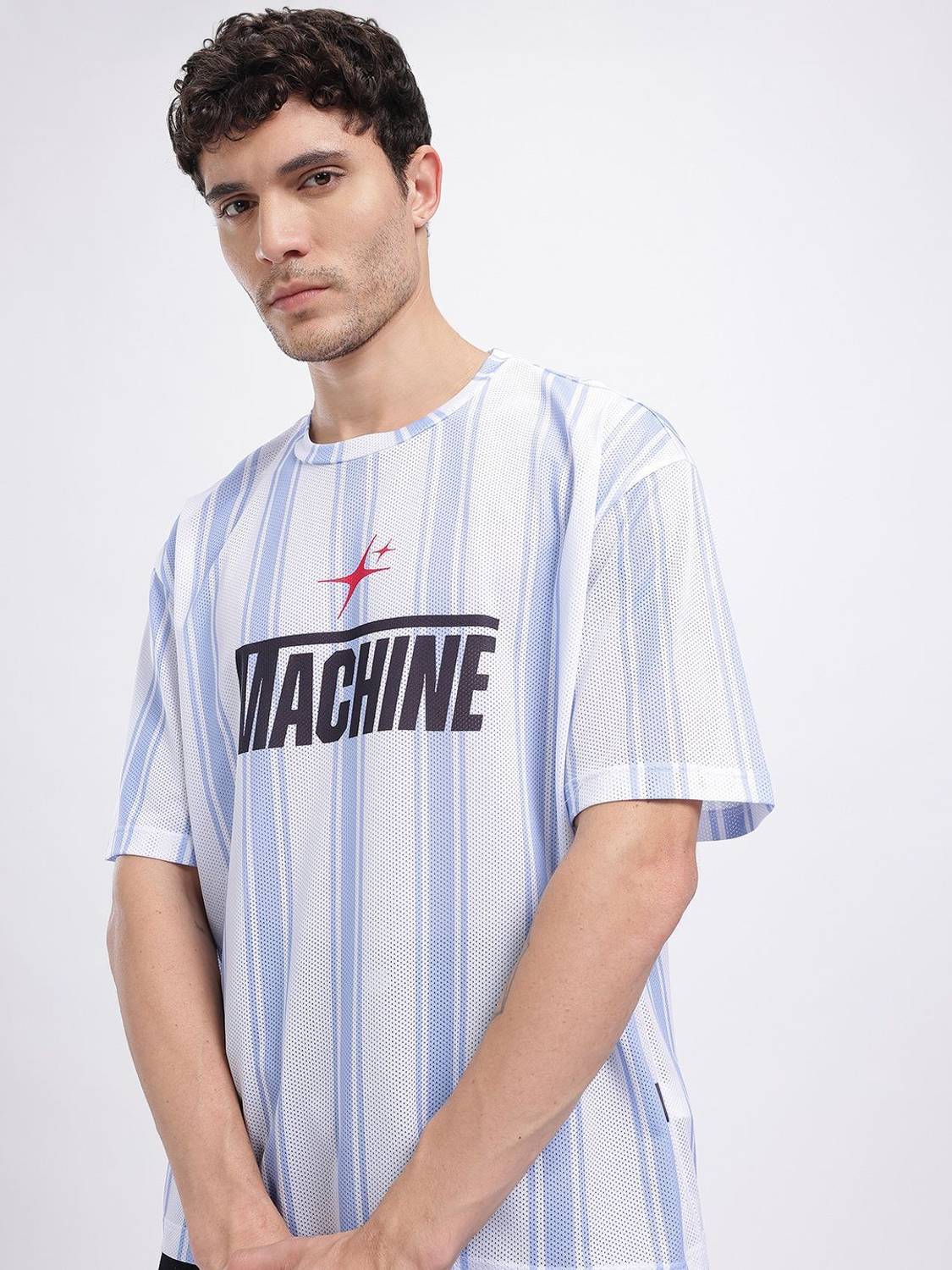 Glitchez Striped Men Round Neck White T-Shirt