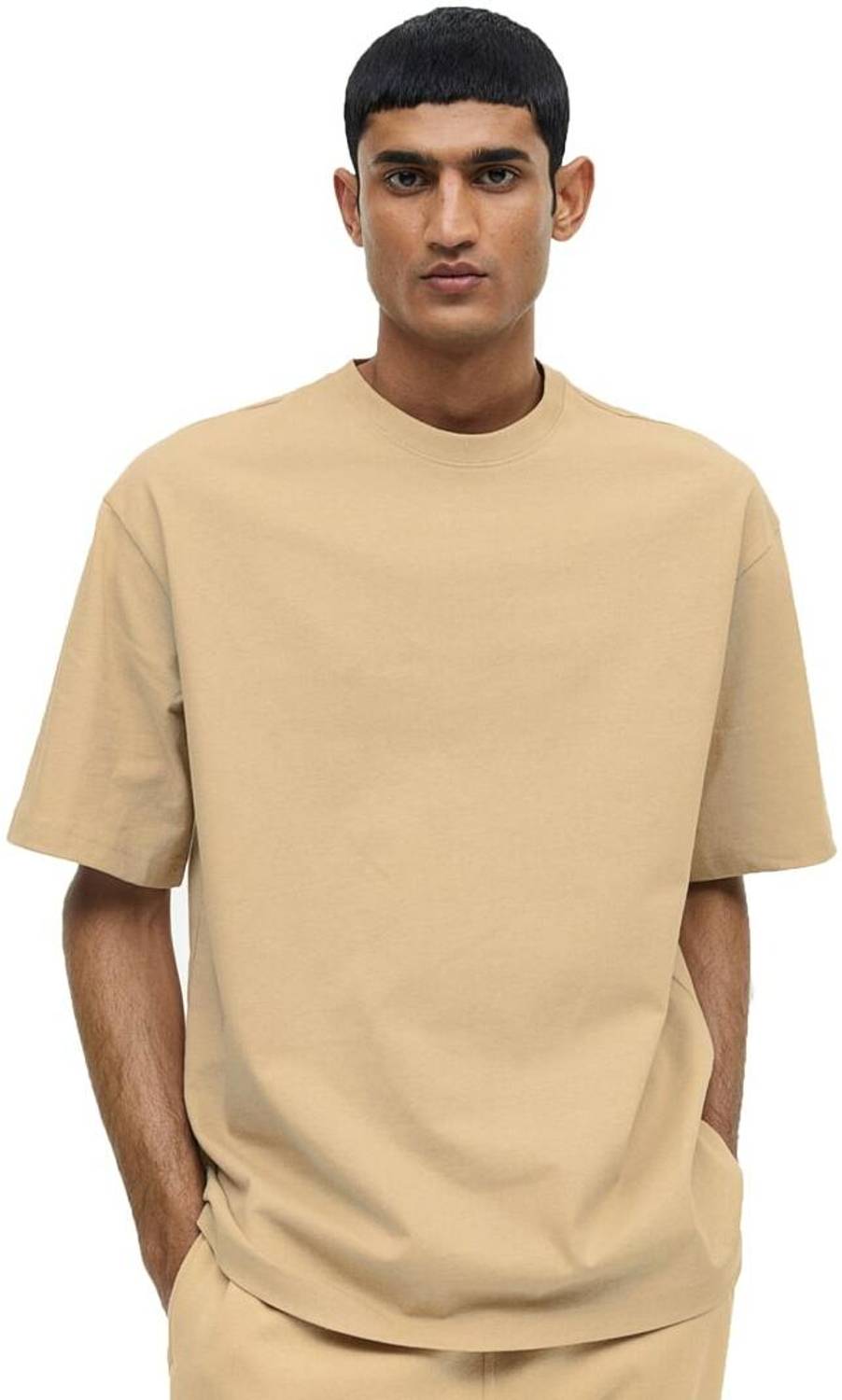 Besick Solid Men Round Neck Beige T-Shirt