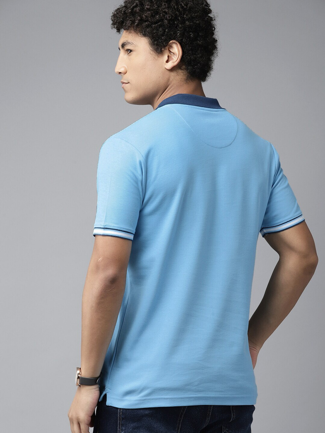 Image of PARK AVENUE Men Solid Polo Neck Cotton Blend Blue T-Shirt