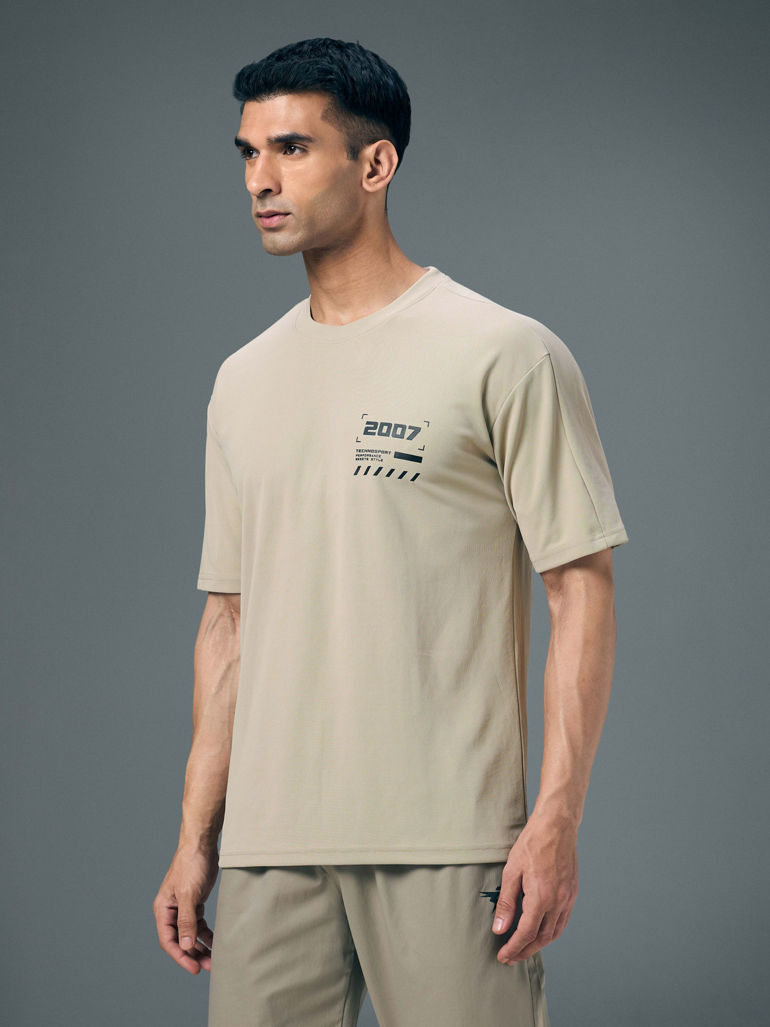 Image of TECHNOSPORT Sporty Men Round Neck Beige T-Shirt