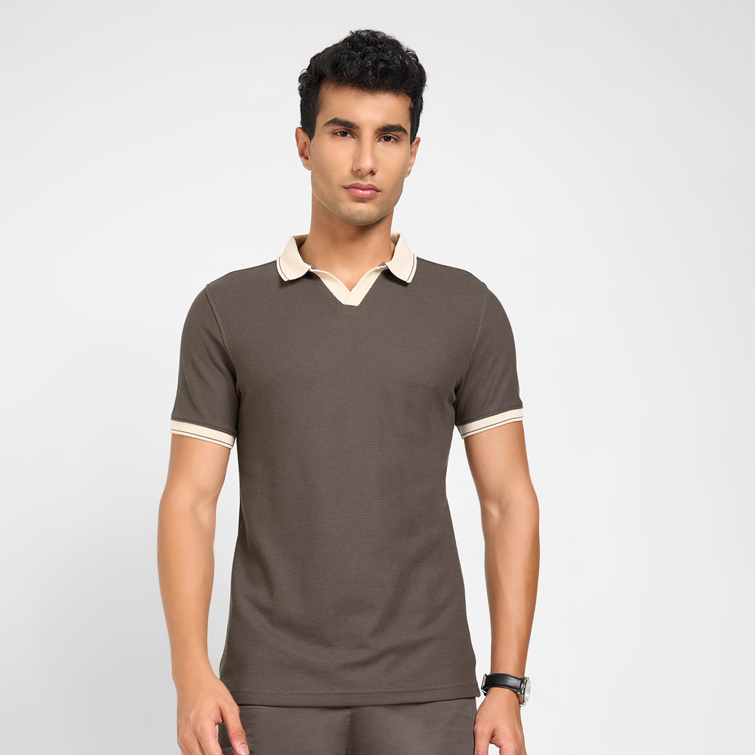 Image of Peregrine by Pantaloons Striped Men Polo Neck Grey T-Shirt