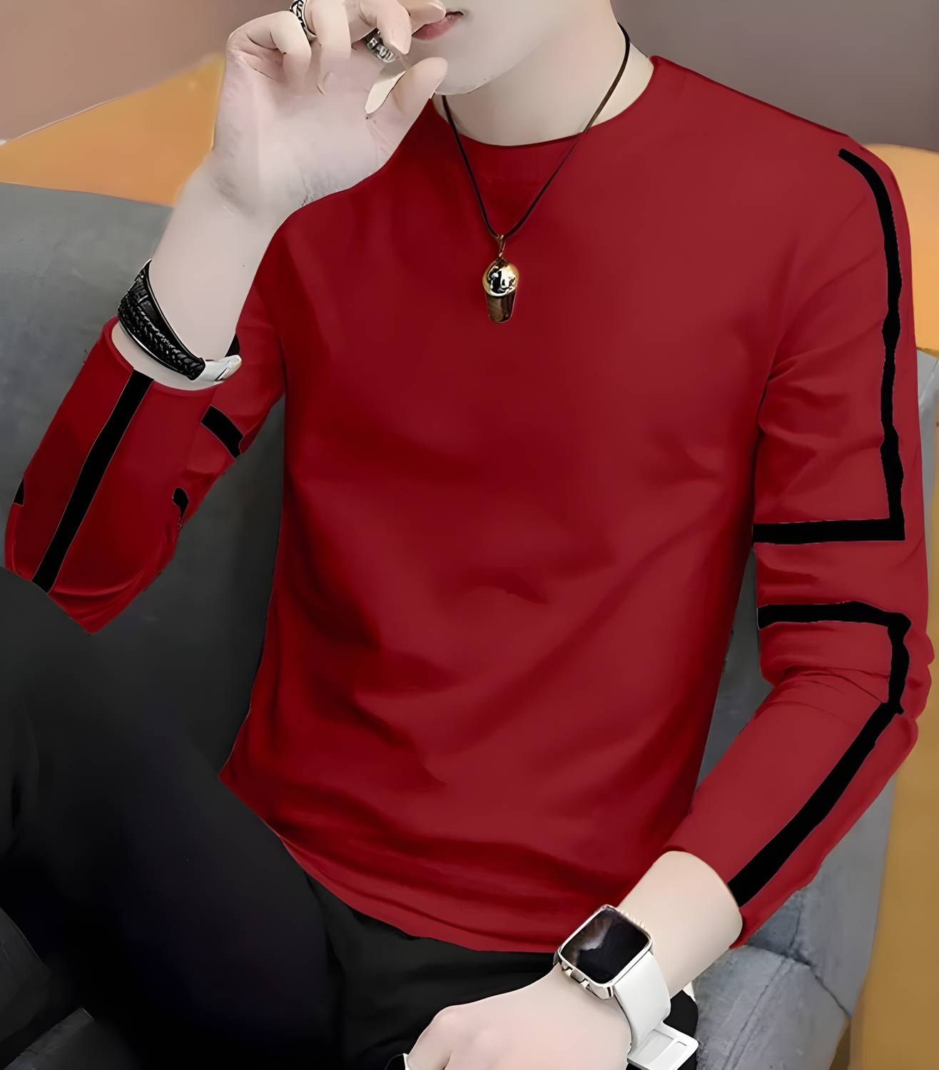 Meetri Printed Men Round Neck Maroon T-Shirt
