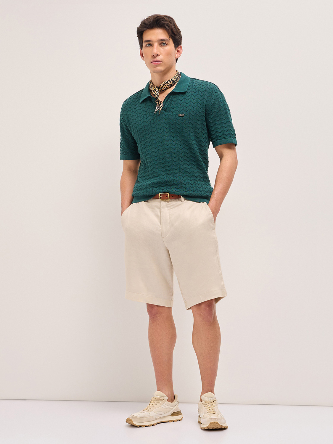 Image of THE BEAR HOUSE Self Design Men Polo Neck Green T-Shirt