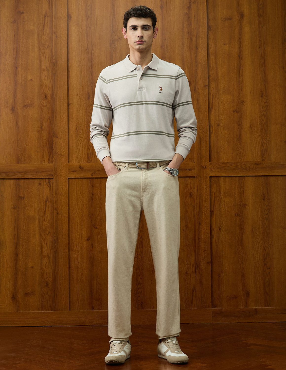 Image of U.S. POLO ASSN. Striped Men Polo Neck Beige T-Shirt