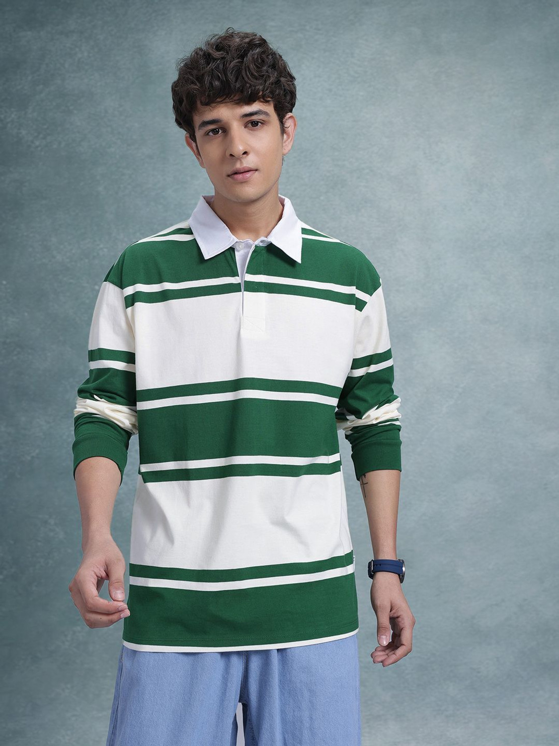 Image of Roadster Striped Men Polo Neck Green T-Shirt