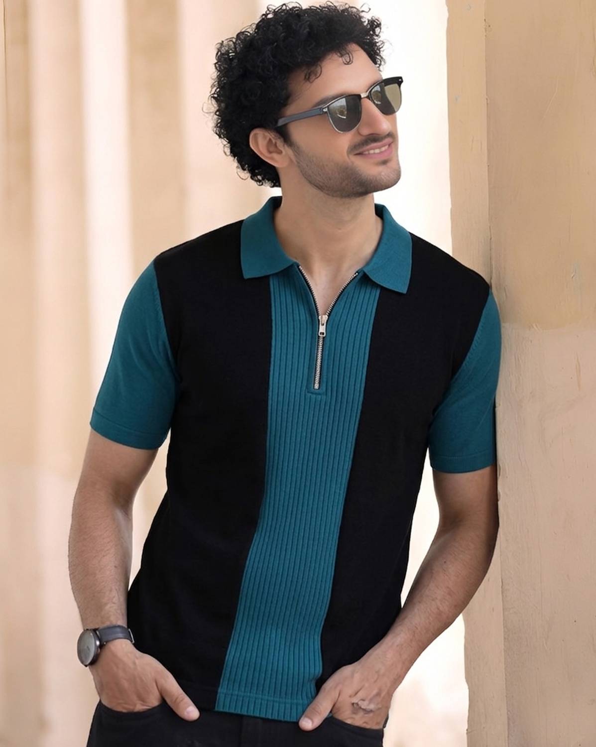 AOOSH Colorblock Men Zip Neck Black, Blue T-Shirt