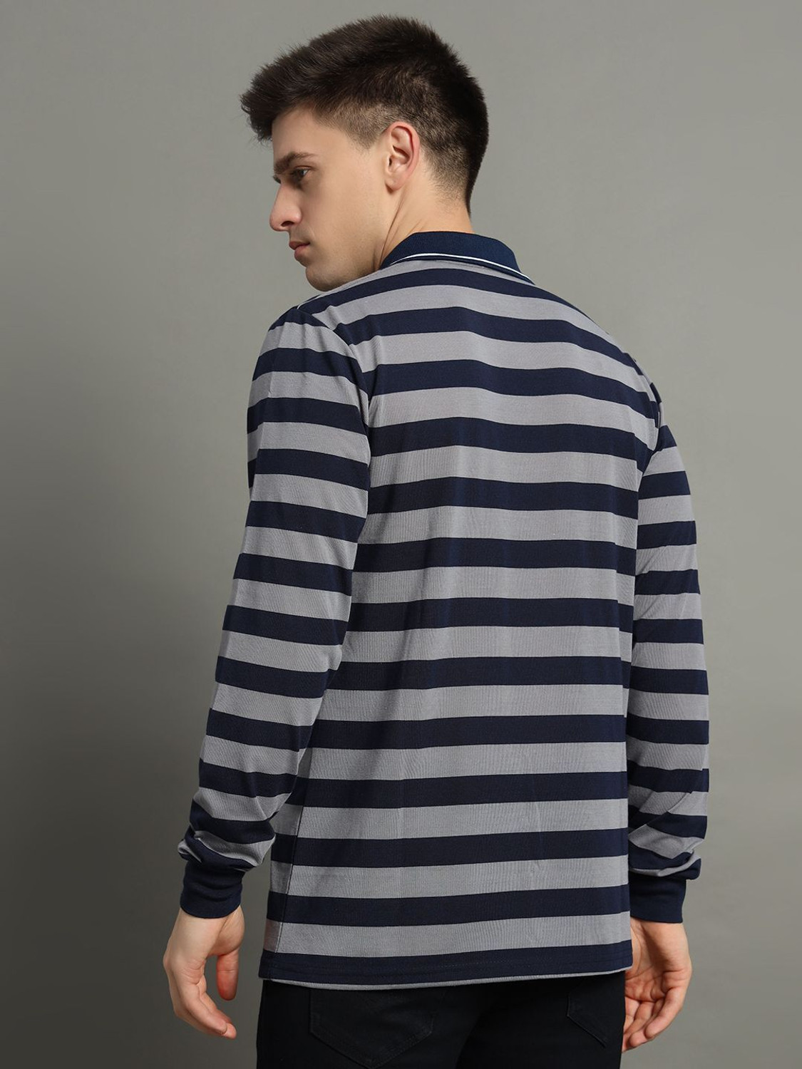 Image of GETGOLF Striped Men Polo Neck Navy Blue T-Shirt