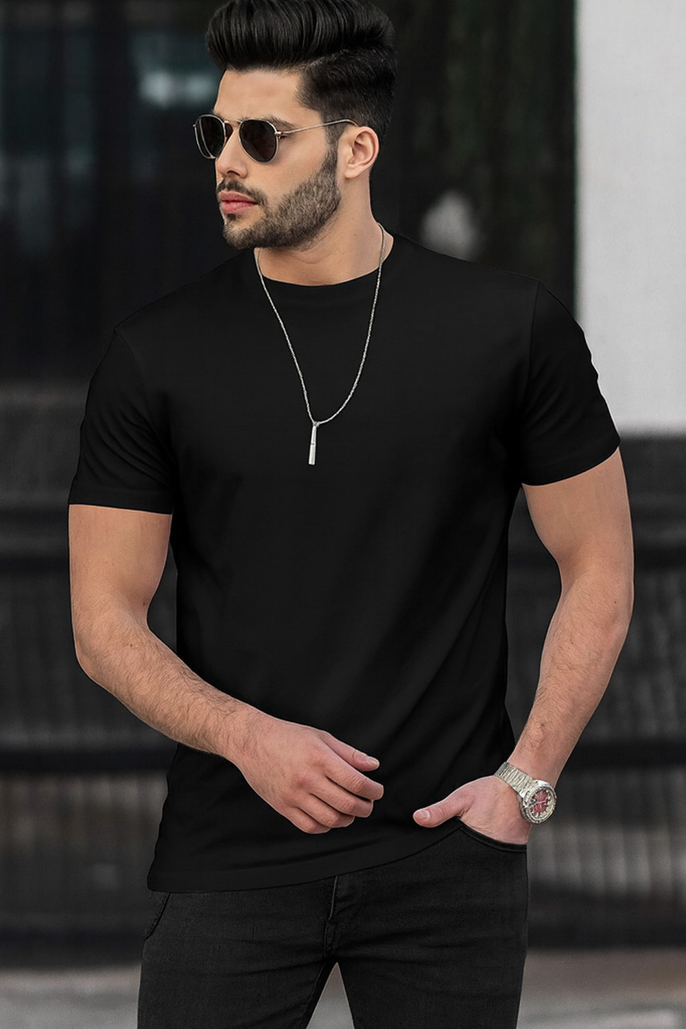 Image of ELABOT Solid Men Round Neck Black T-Shirt