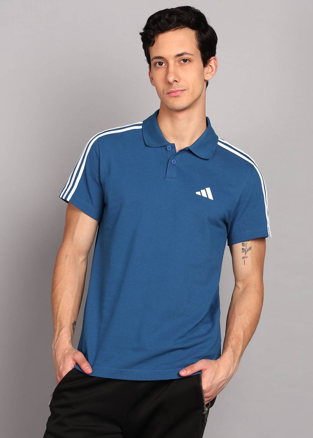 ADIDAS Blue Striped Men Polo Neck T-Shirt - Image 1