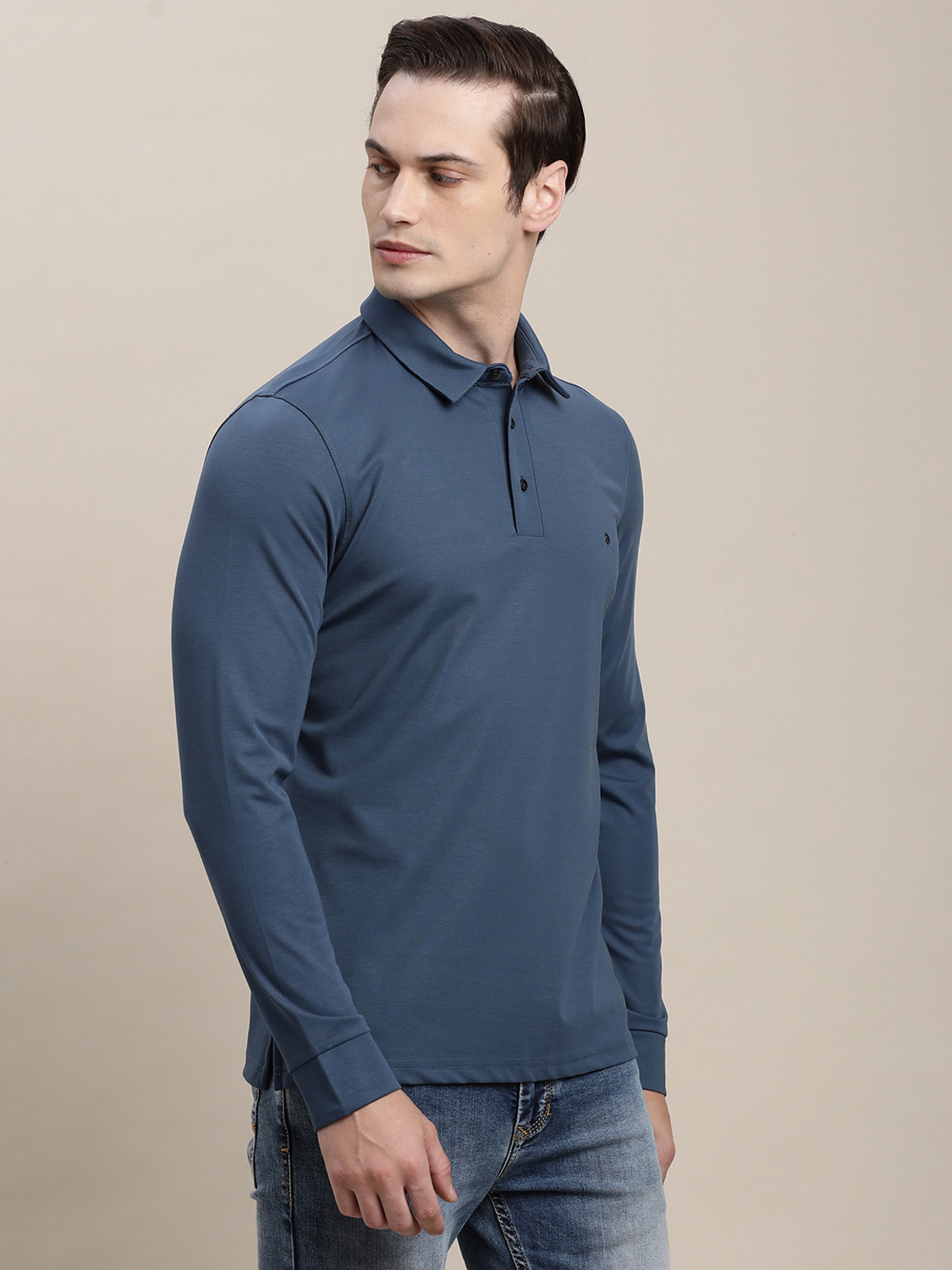 Image of TURTLE Solid Men Polo Neck Blue T-Shirt