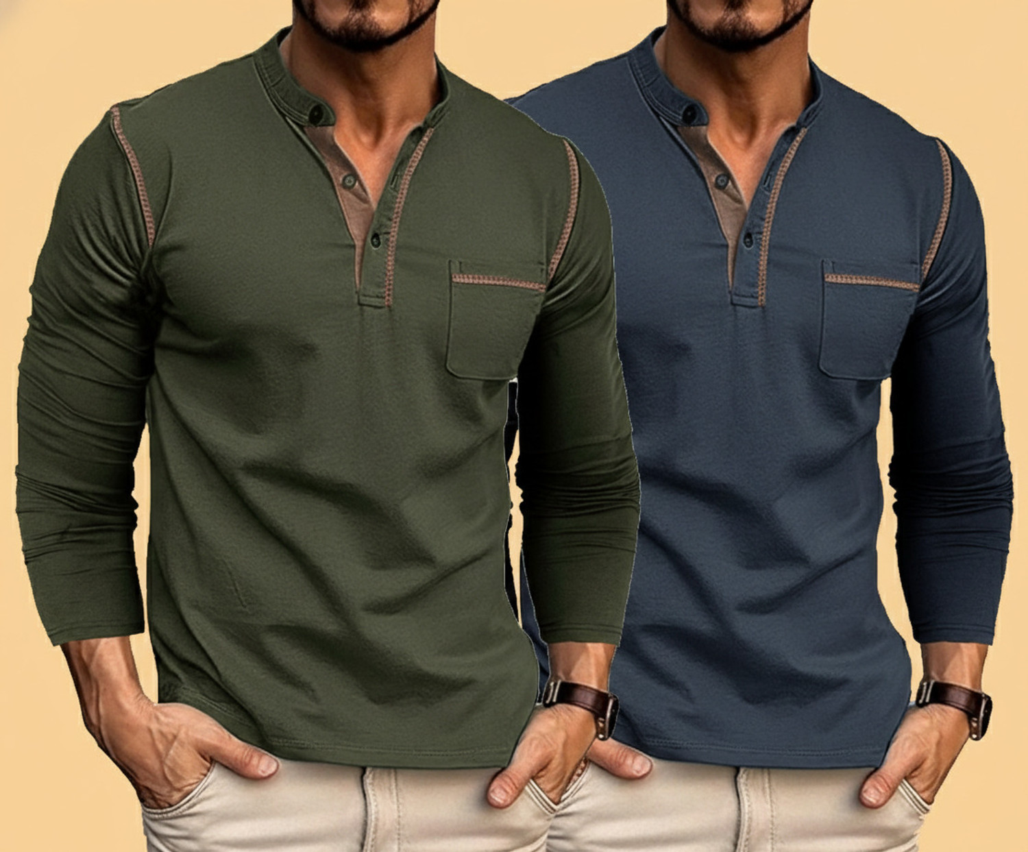 Image of Reya Solid Men Mandarin Collar Dark Green, Navy Blue T-Shirt