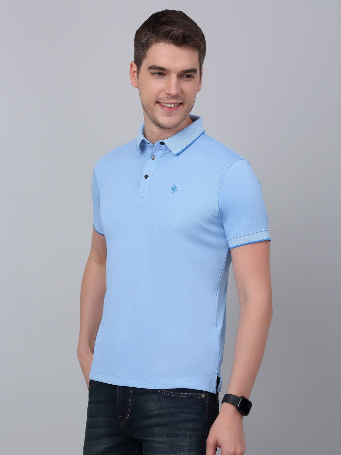 Image of CANTABIL Solid Men Polo Neck Blue T-Shirt