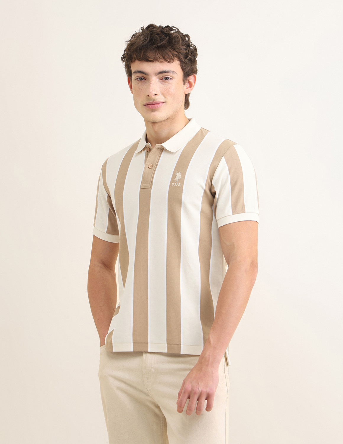 Image of U.S. POLO ASSN. Striped Men Polo Neck Beige T-Shirt