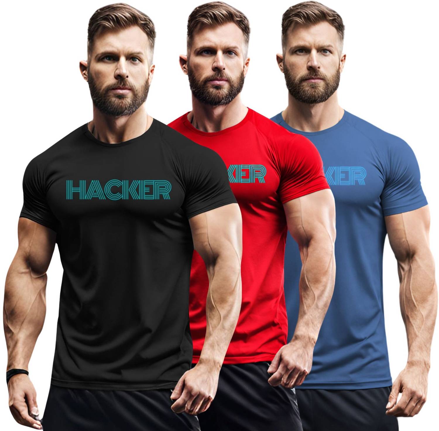 3colors Printed Men Round Neck Black, Red, Blue T-Shirt