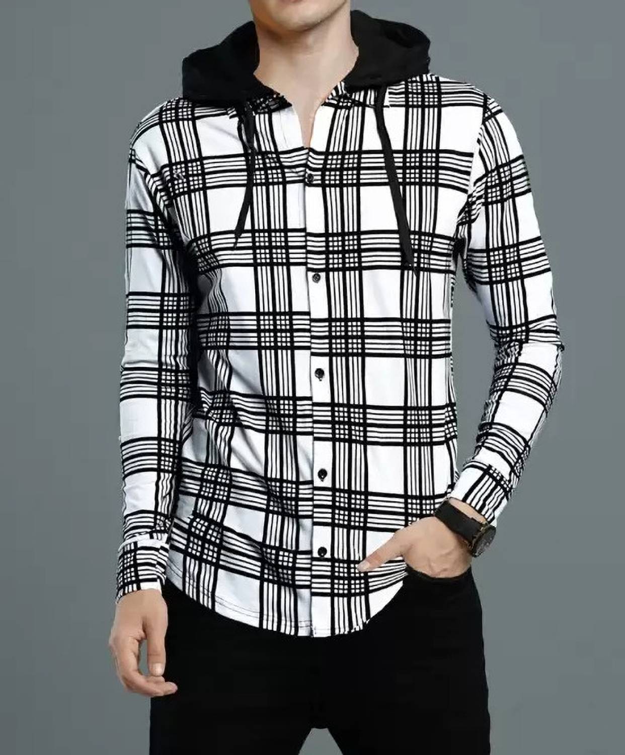 Try This Checkered Men Hooded Neck White T-Shirt