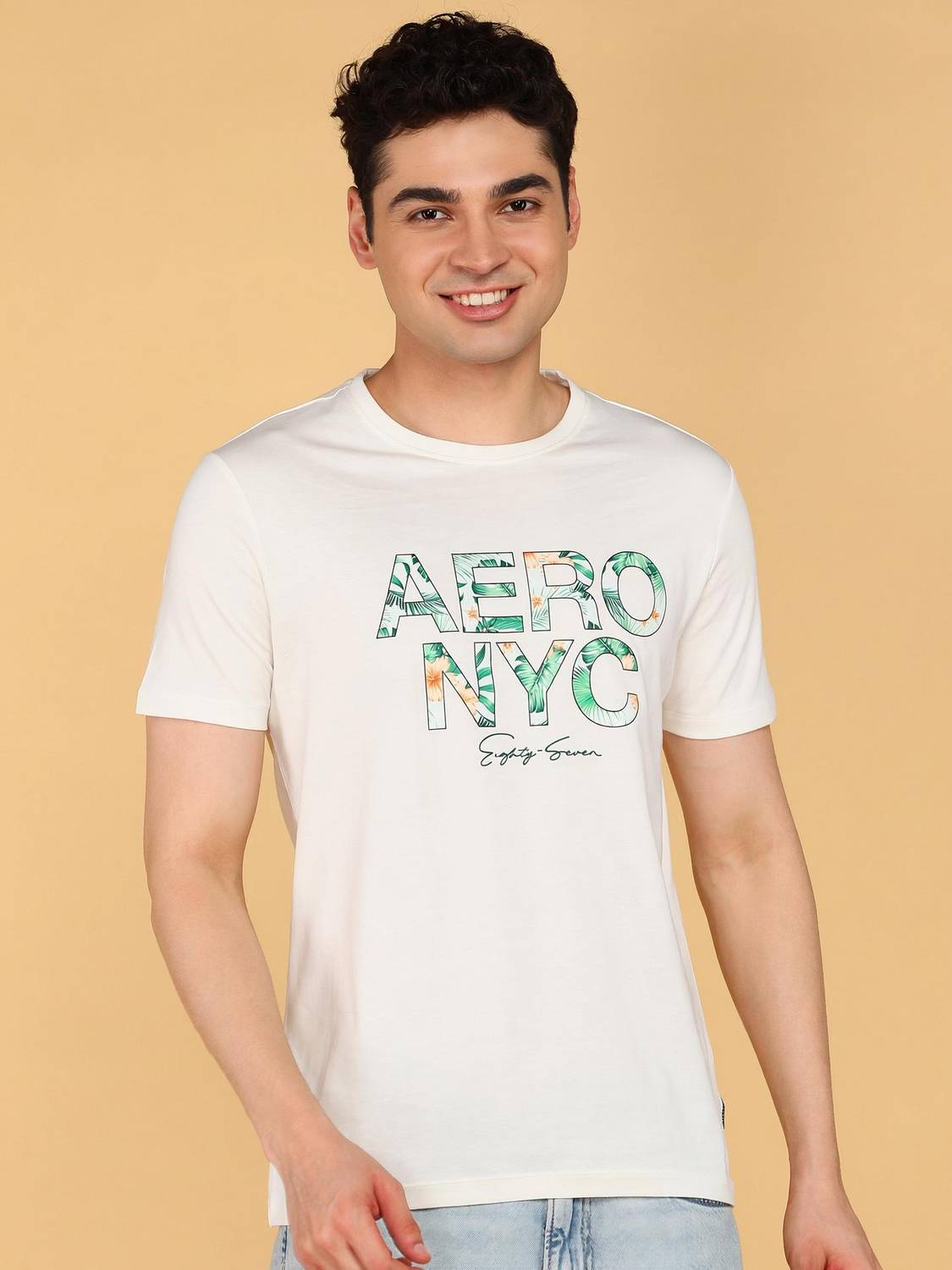 AEROPOSTALE Printed Men Round Neck Beige T-Shirt