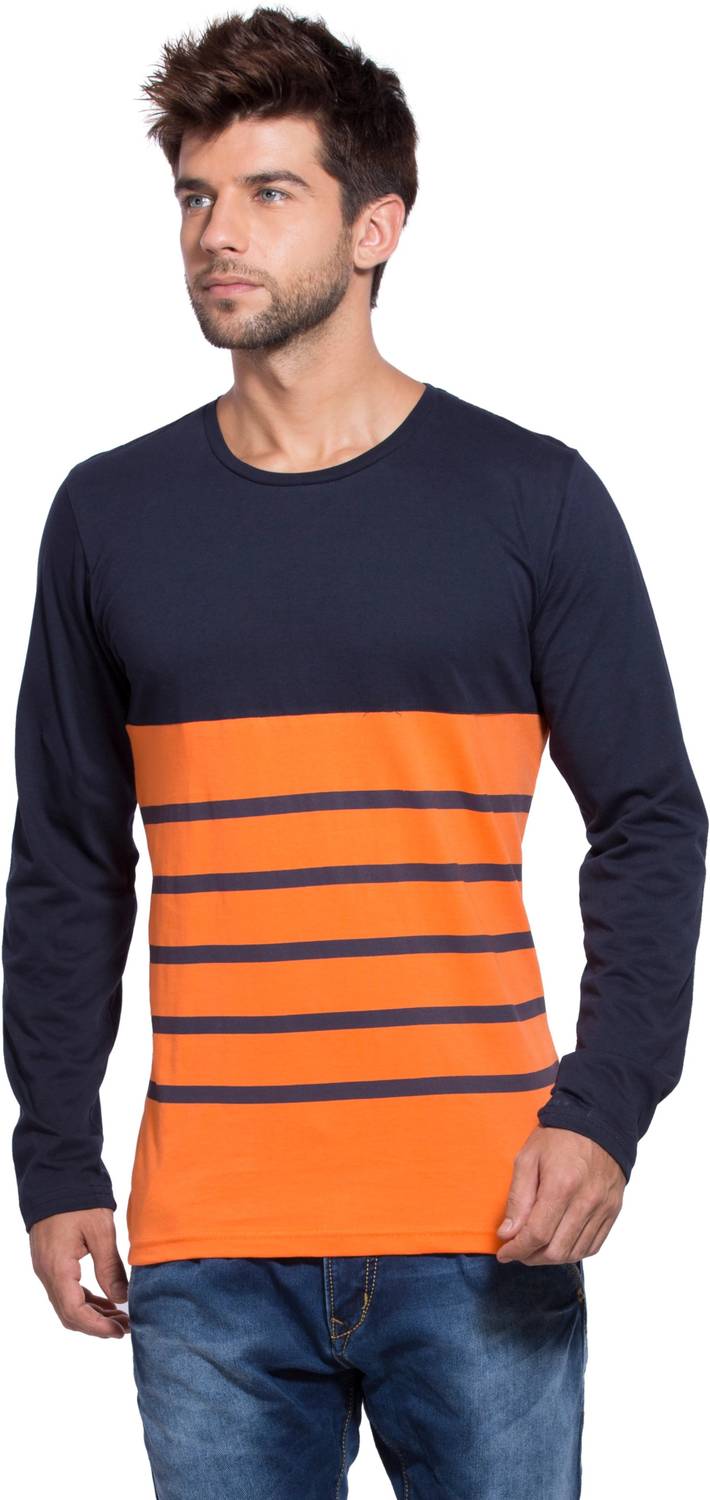 Alan Jones Striped Men Round Neck Dark Blue, Orange T-Shirt