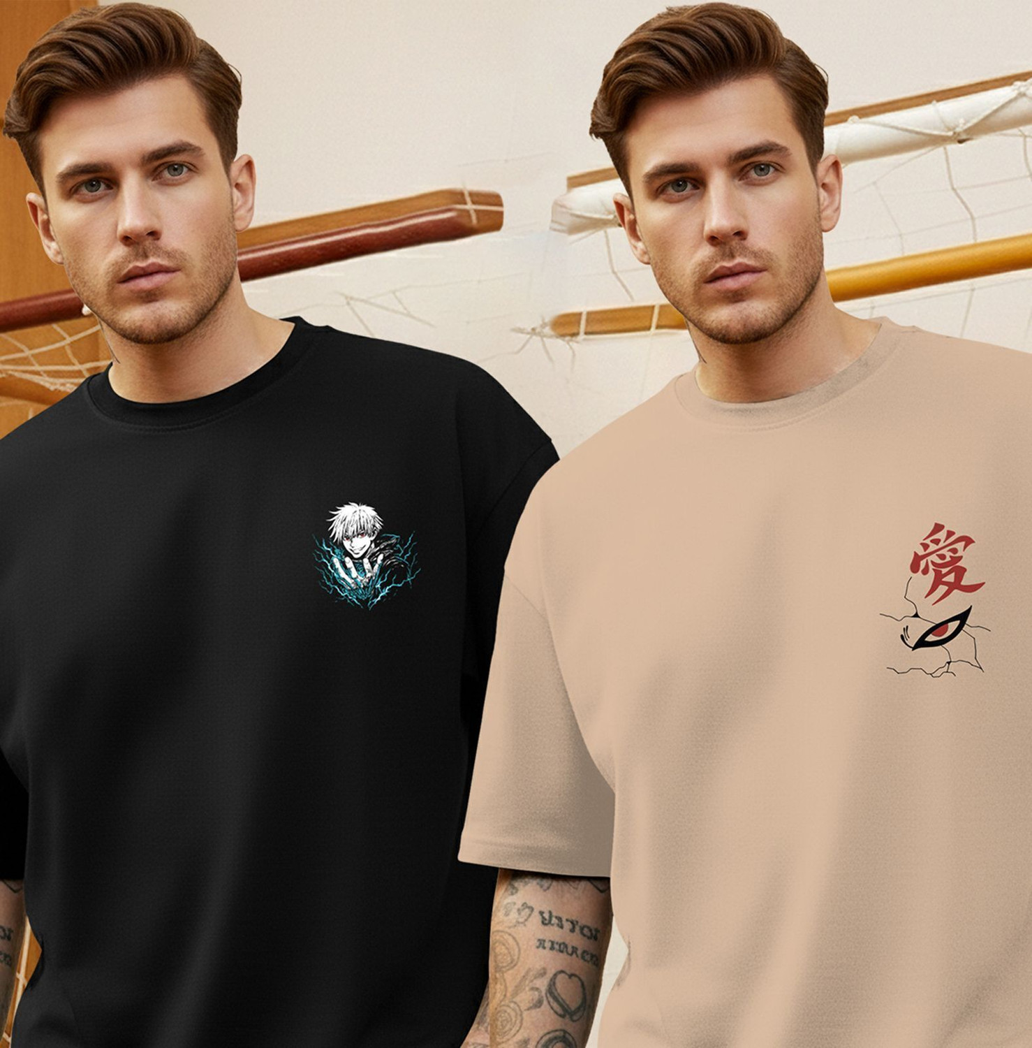 Image of TRIPR Typography Men Round Neck Black, Beige T-Shirt