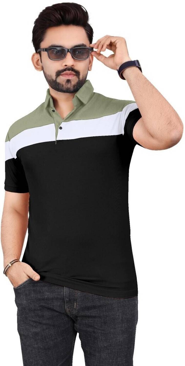 rggarment Men Colorblock Polo Neck Cotton Blend Black T-Shirt