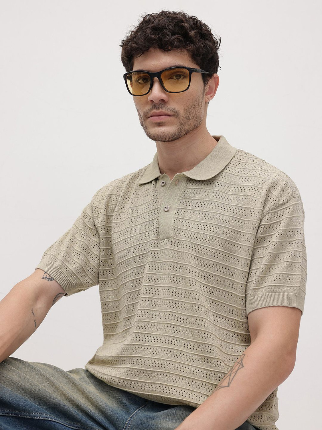 Image of Roadster Self Design Men Polo Neck Green T-Shirt