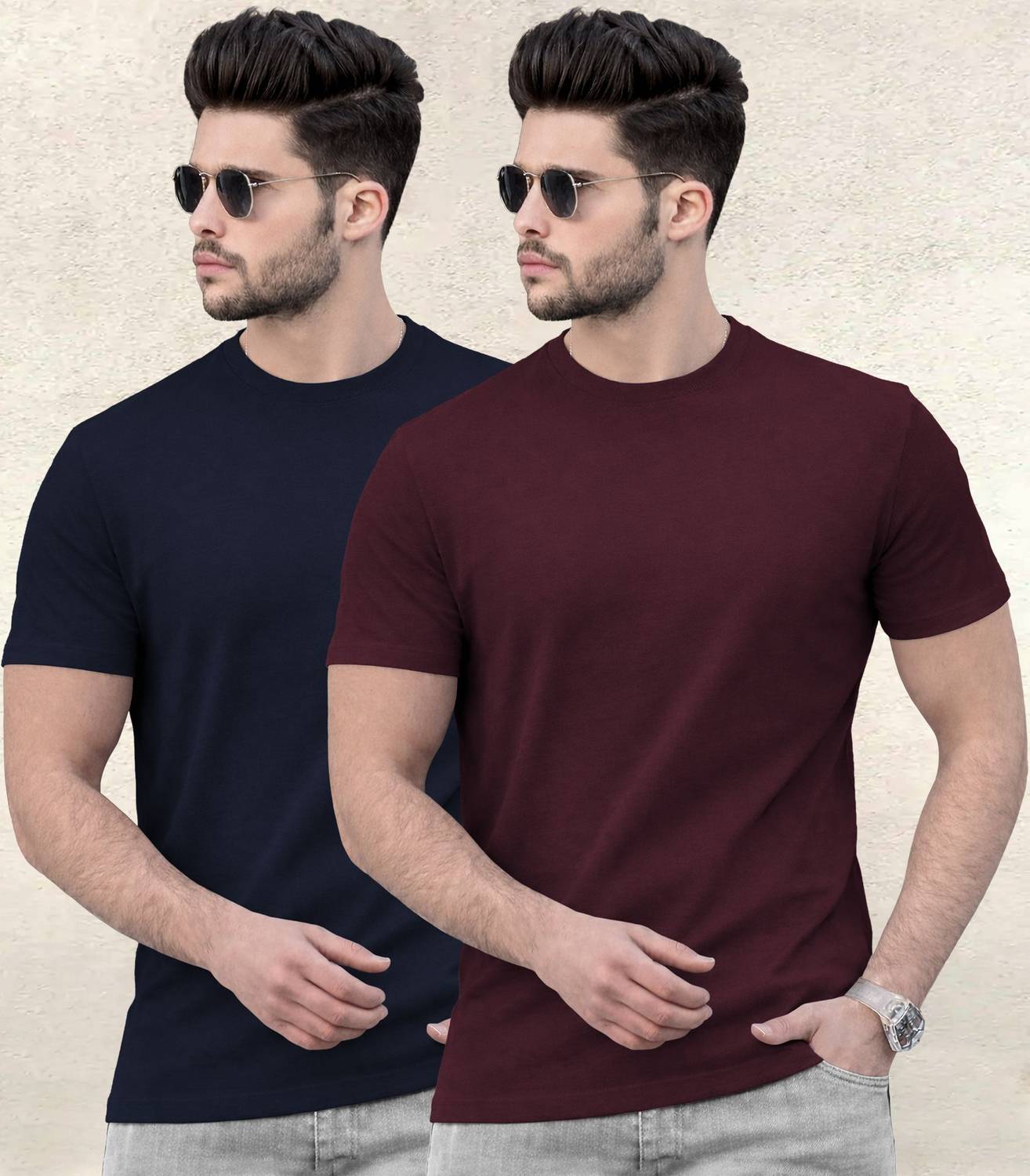 TRIPR Pack of 2 Men Solid Round Neck Cotton Blend Navy Blue, Maro