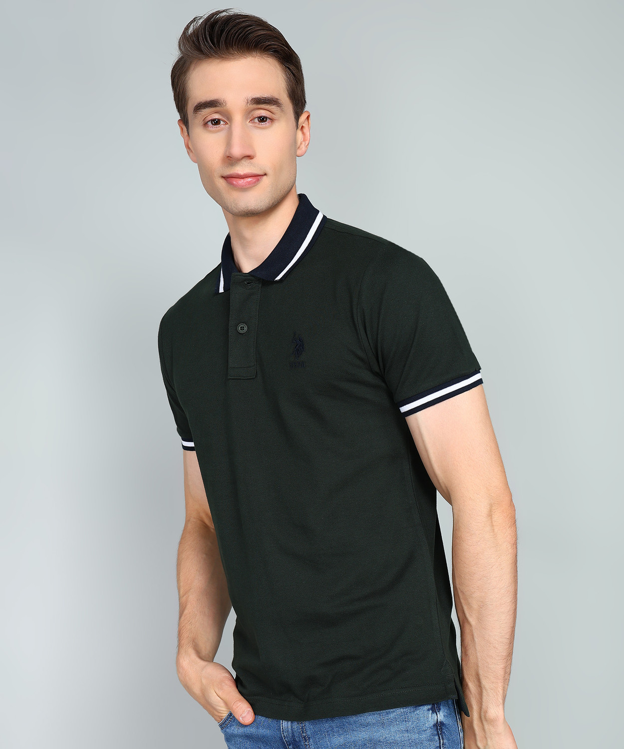 Image of U.S. POLO ASSN. Solid Men Polo Neck Light Green T-Shirt
