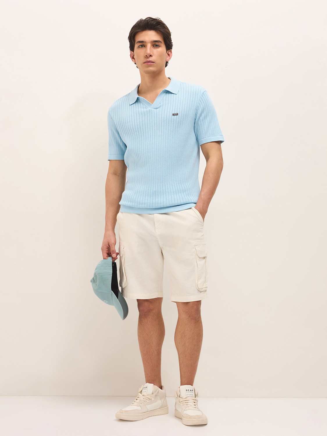 Image of THE BEAR HOUSE Striped Men Polo Neck Blue T-Shirt