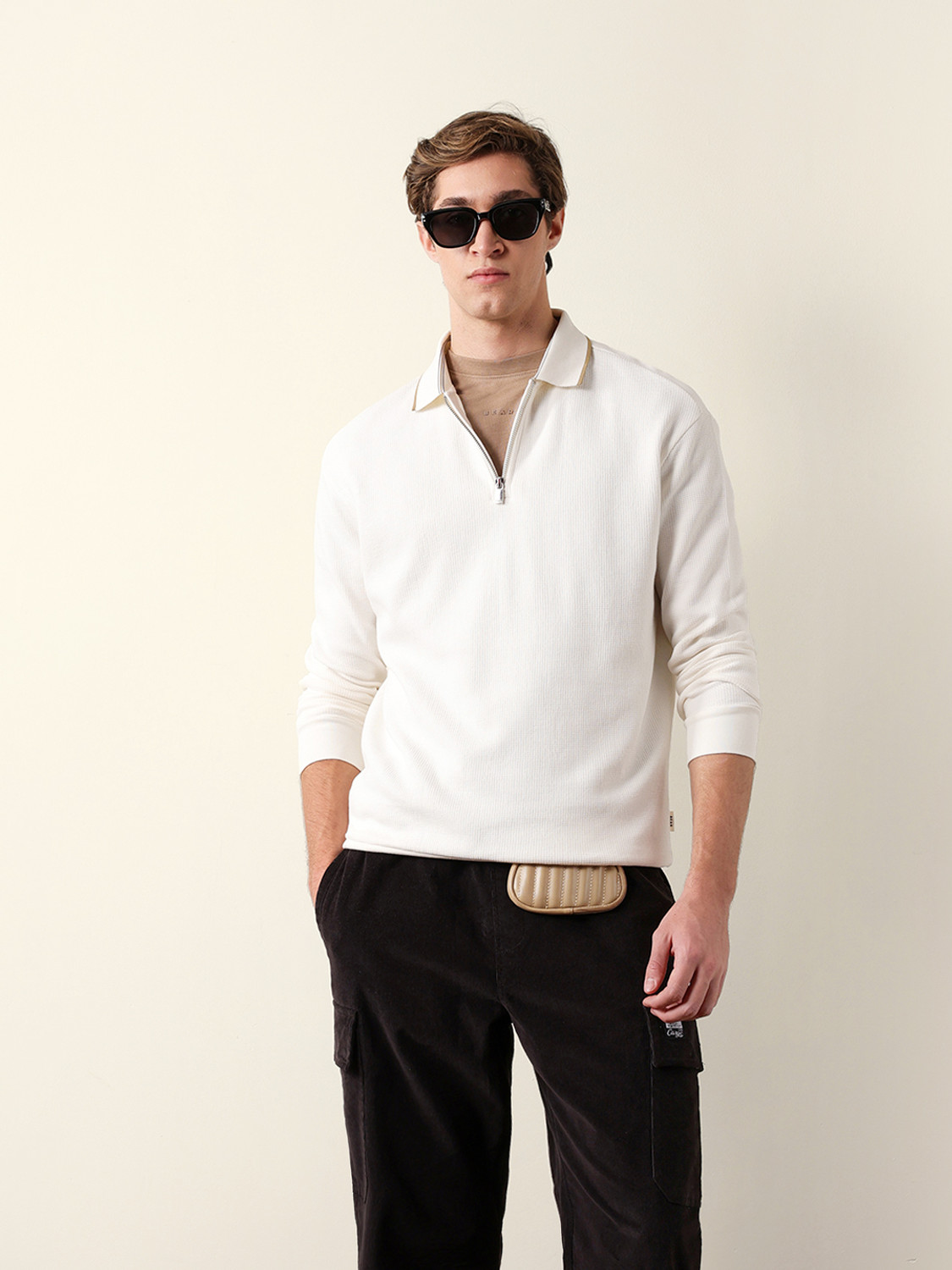 Image of THE BEAR HOUSE Self Design Men Polo Neck White T-Shirt