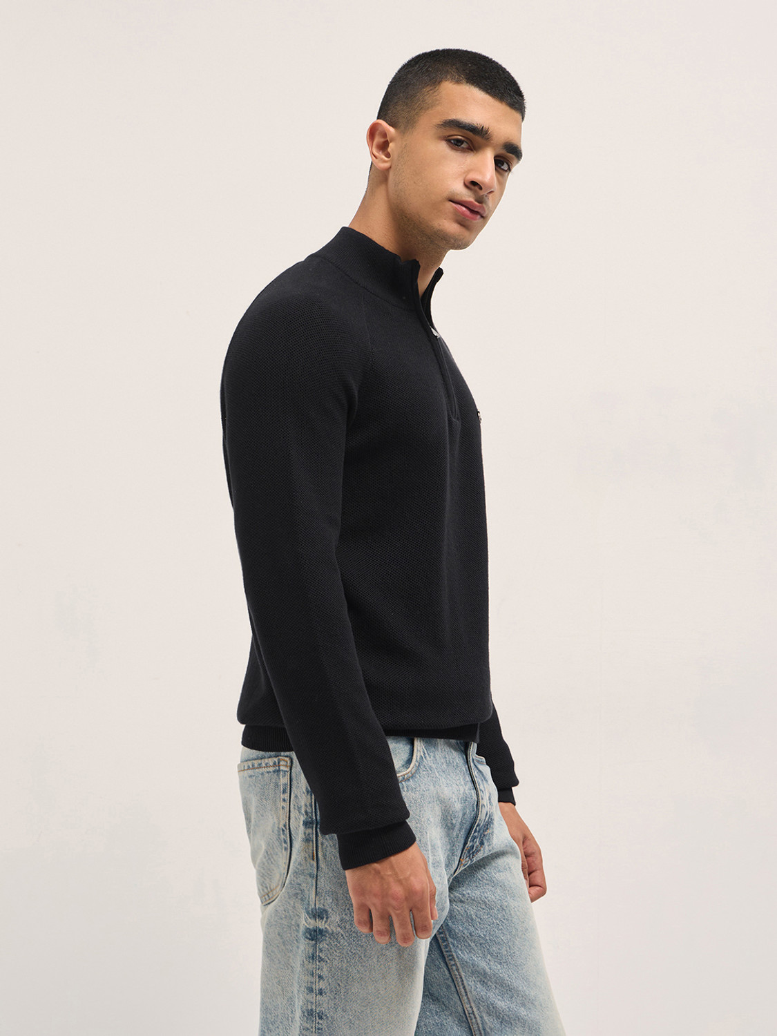 Image of THE BEAR HOUSE Solid Men High Neck Black T-Shirt