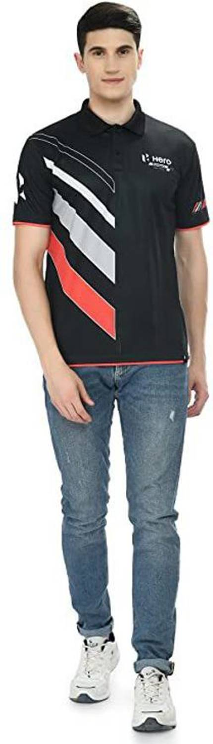 Hero Motocorp Men Graphic Print Polo Neck Polyester Black T-Shirt