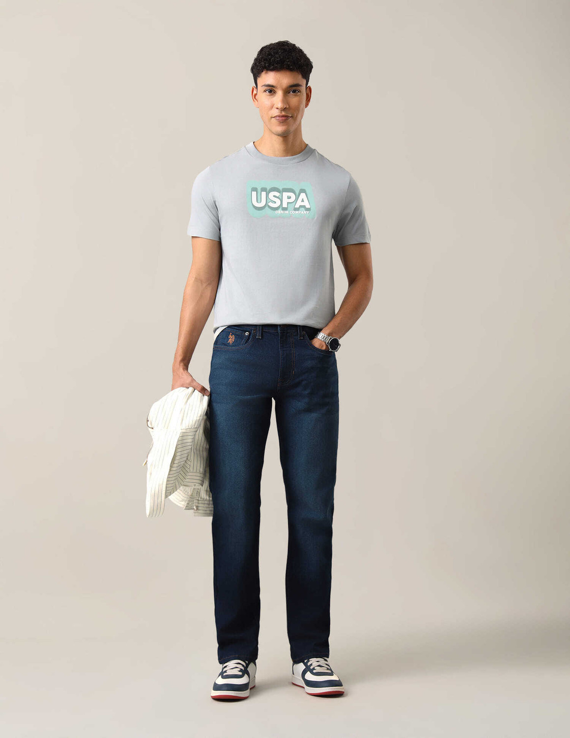 Image of U.S. Polo Assn. Denim Co. Men Typography Crew Neck Pure Cotton Grey T-Shirt