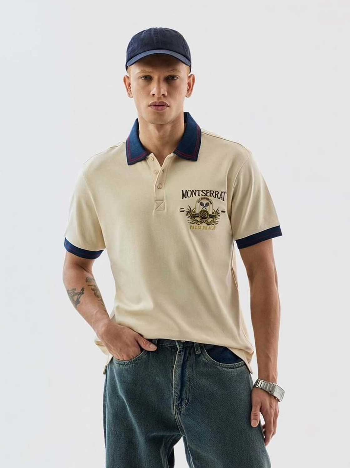 Image of Snitch Embroidered Men Polo Neck Beige T-Shirt
