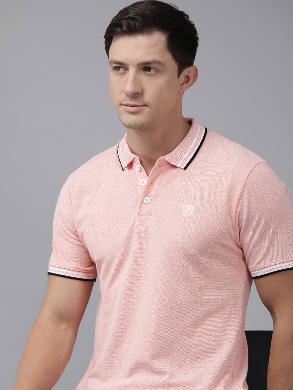 PROVOGUE Men Self Design Polo Neck Cotton Blend Orange T-Shirt