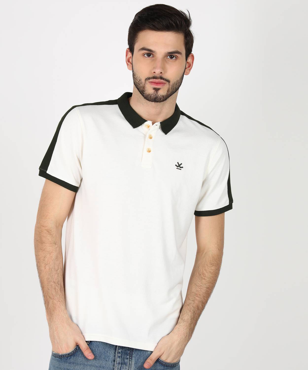 WROGN Men Solid Polo Neck Pure Cotton White T-Shirt