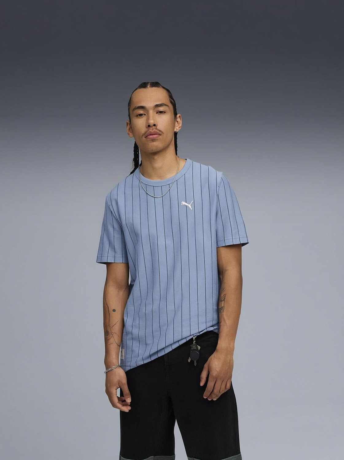 Image of PUMA Striped Men Crew Neck Blue T-Shirt