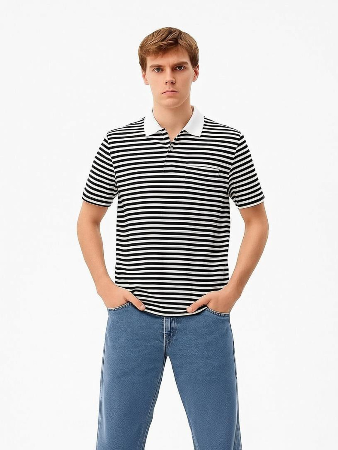 Image of YOUNICK Striped Men Polo Neck Black, White T-Shirt