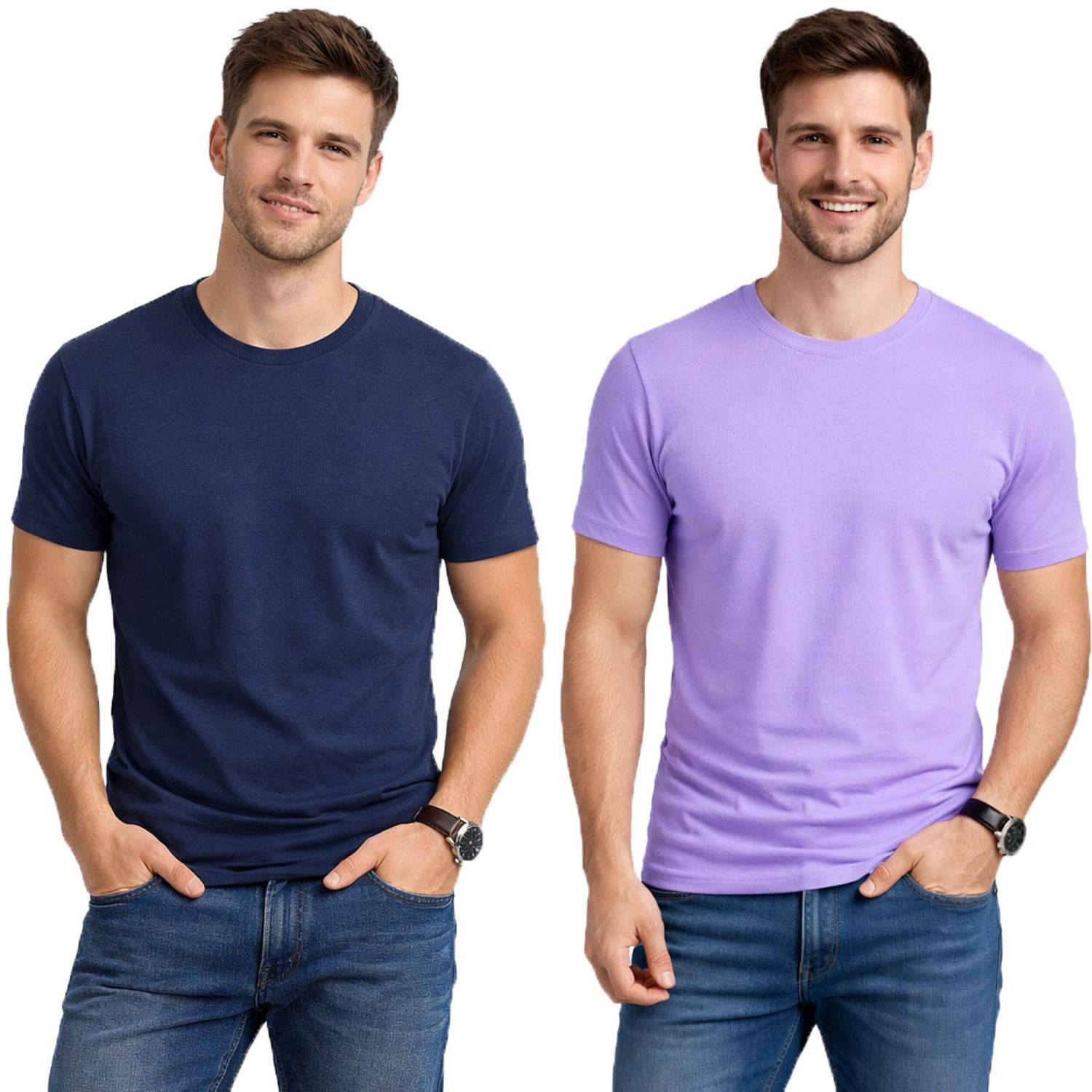 Kroptee Pack of 2 Men Solid Round Neck Cotton Blend Purple, Navy