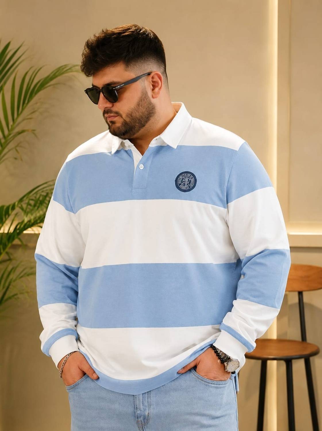 Men Colorblock Polo Neck Cotton Blend Blue T-Shirt - Image 3