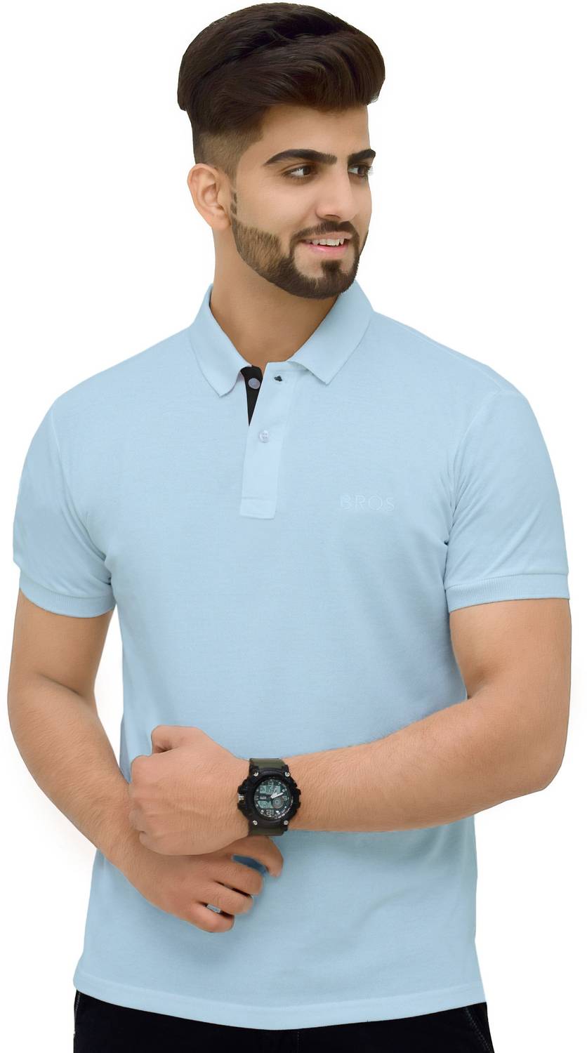 3BROS Men Solid Polo Neck Cotton Blend Blue T-Shirt