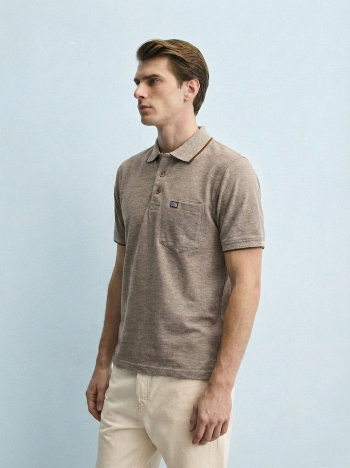Image of SAND PIPER Self Design Men Polo Neck Brown T-Shirt