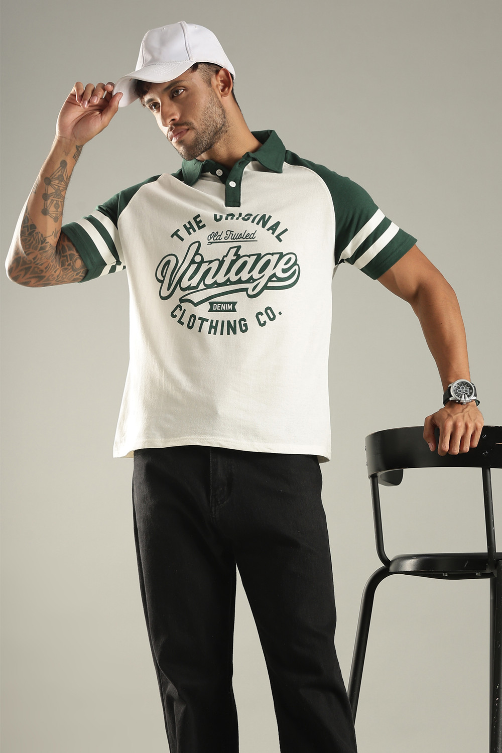 Image of SHINX Printed Men Polo Neck White, Dark Green T-Shirt