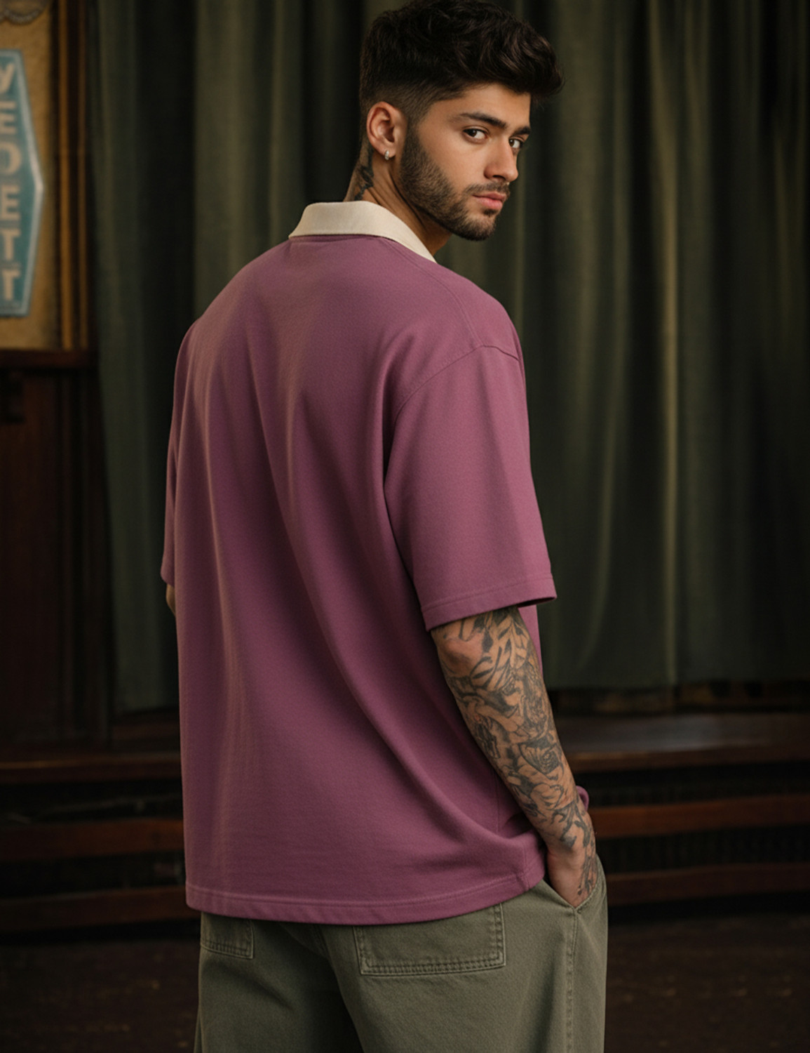 Image of Force Printed Men Zip Neck Reversible Pink T-Shirt