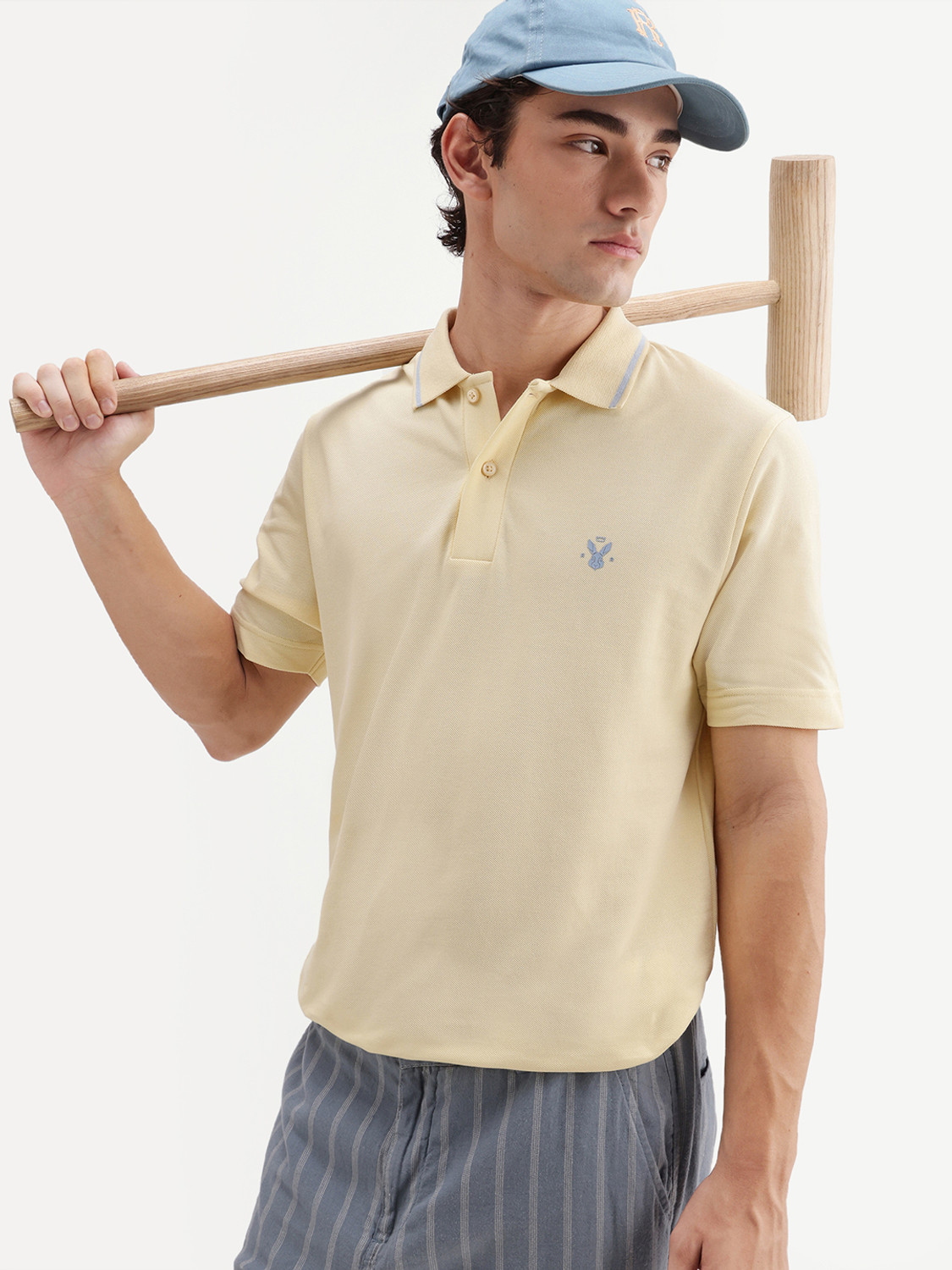 RARE RABBIT Solid Men Polo Neck Yellow T-Shirt
