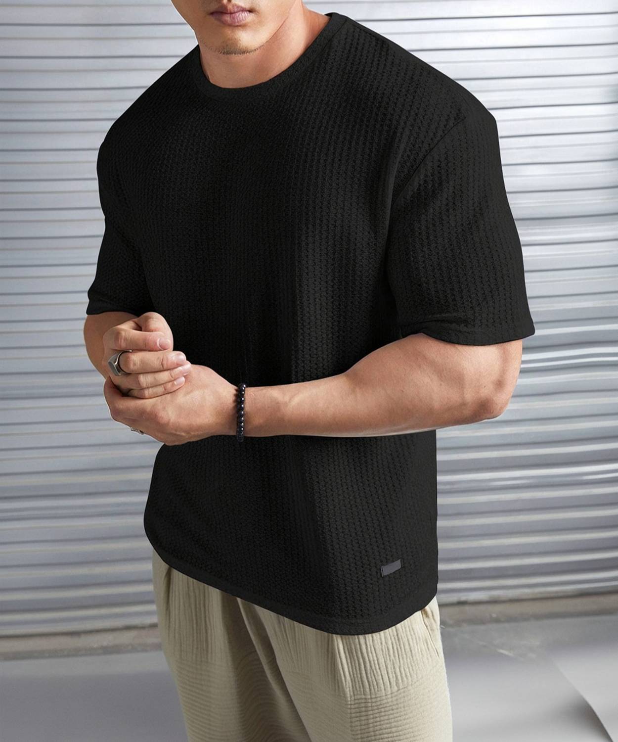 Stockton Oversized Men Printed Round Neck Polycotton Black T-Shir