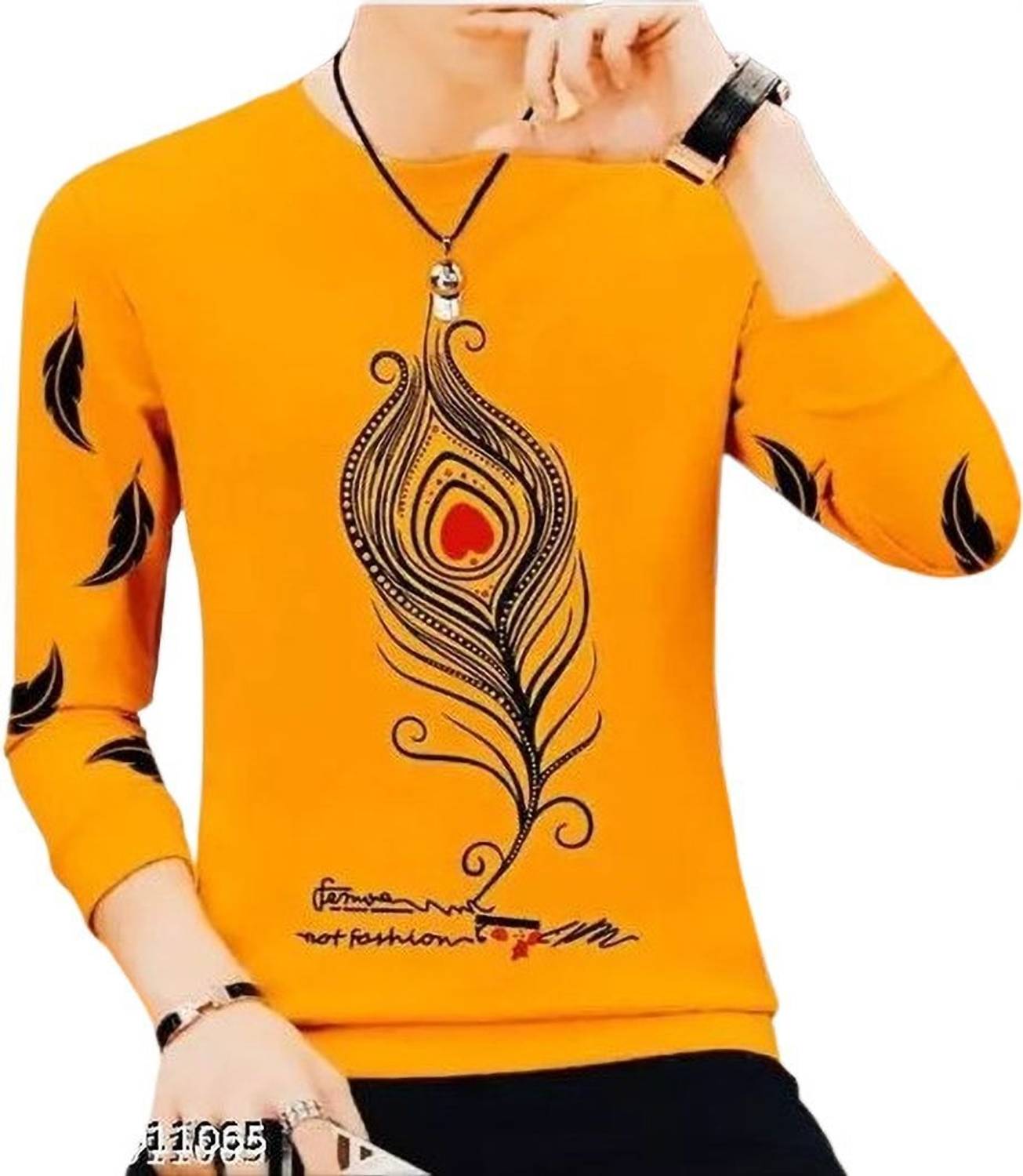 PRISUBH Men Printed, Typography Round Neck Cotton Blend Yellow T-