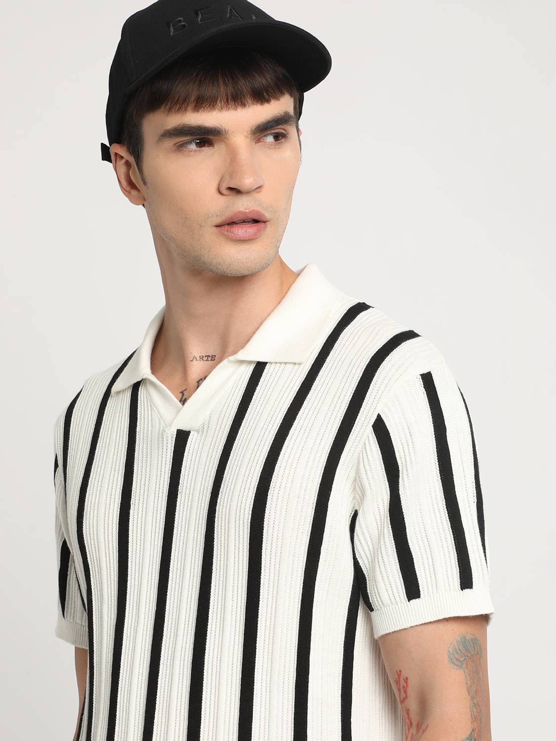 THE BEAR HOUSE Men Striped Polo Neck Pure Cotton White T-Shirt