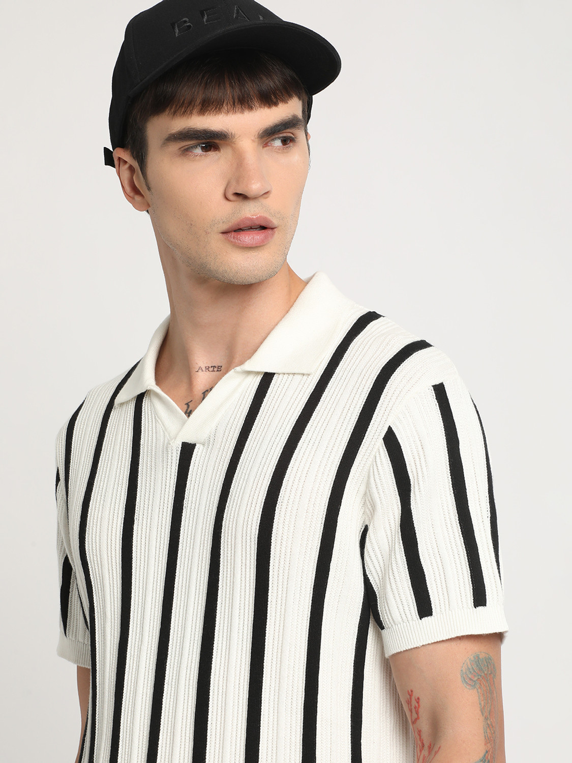 Image of THE BEAR HOUSE Striped Men Polo Neck White T-Shirt